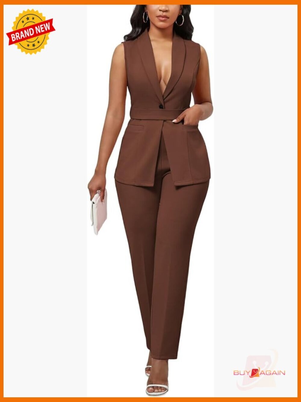 Dressy Belted Sleeveless Vest Blazer 2 Piece Pant Suit Set